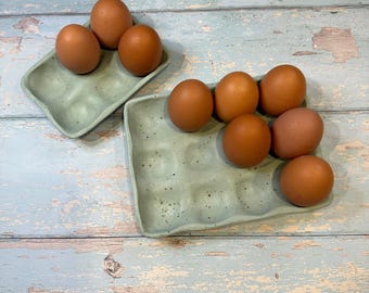 Green Ceramic Egg Tray, Holds 6 or 12 Eggs