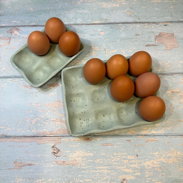 Green Ceramic Egg Tray, Holds 6 or 12 Eggs