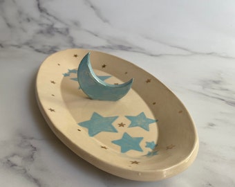 Ceramic Jewelry Dish, Turquoise Moon Stars