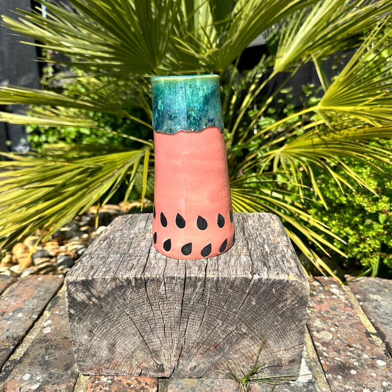 Ceramic Watermelon Vase, Handmade Modern Pottery, Pink and Green image 7