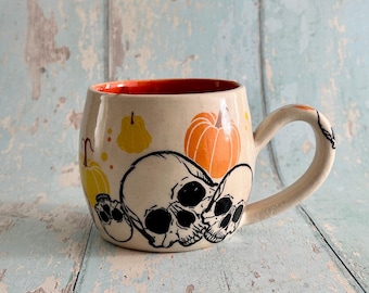 Spooky Halloween Skull and Pumpkin Mug, Orange and Yellow Handmade Ceramic Cup