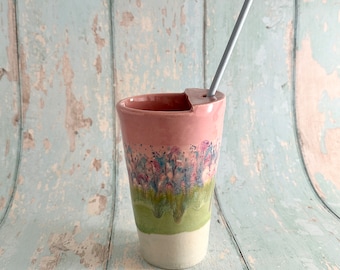 Pink and Green Straw Holder Tumbler, Large Ceramic Cup