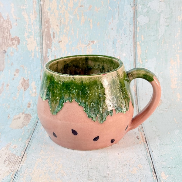 Ceramic Watermelon Mug, Large Pink and Green Cup