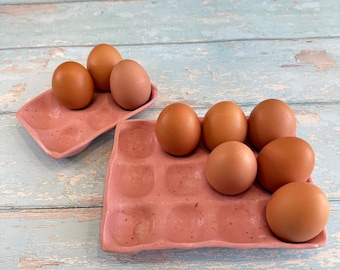 Pink Ceramic Egg Tray - 6 or 12 Eggs - Handmade Pottery Egg Holder