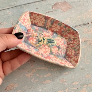 Small Pink and Gold Beetle Ring Dish, Handmade Ceramic Pot
