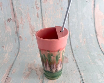 Vaso portapajita rosa coral y verde, taza grande de cerámica