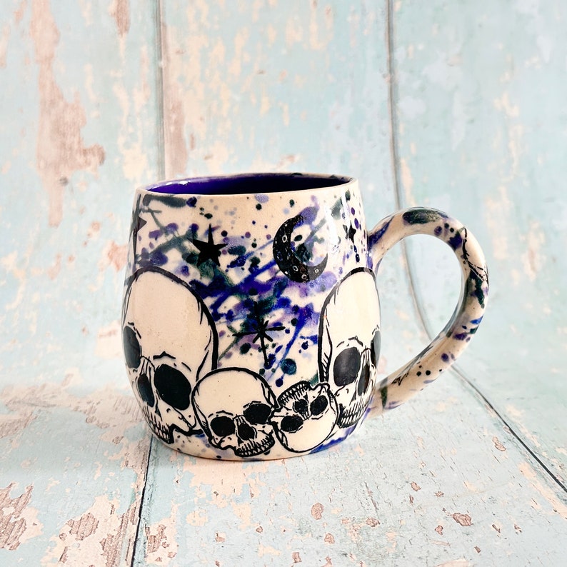 Skull and Star Mug, Handmade Blue Ceramic Cup image 1