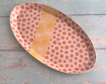 Pink Polka Dot and Yellow Lemon Platter, Large Handmade Oval Ceramic Plate