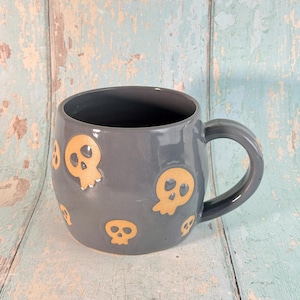 Grey Skull Mug, Handmade Ceramic Cup, Spooky Halloween Mug
