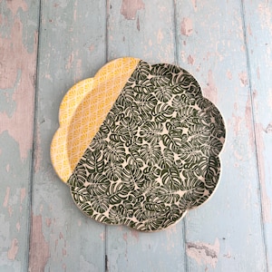 Green Monstera and Yellow Platter, Handmade Ceramic Cake Plate image 1