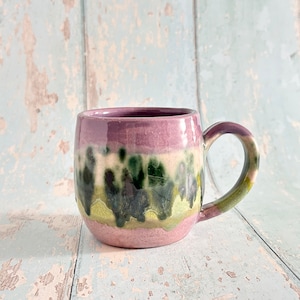 Handmade Purple and Green Mug, Drippy Glazed Ceramic Cup