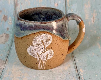 Mug champignons bleu-gris, tasse champignons en céramique