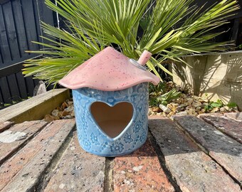 Rosa und Blau Keramik Vogelhaus, handgemachte Gartendekoration