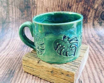 Monstera Leaf Mug, Green Ceramic Cup