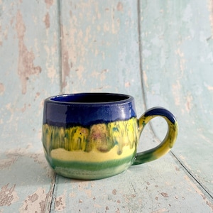 Blue and Yellow Ceramic Mug, Large Pottery Cup