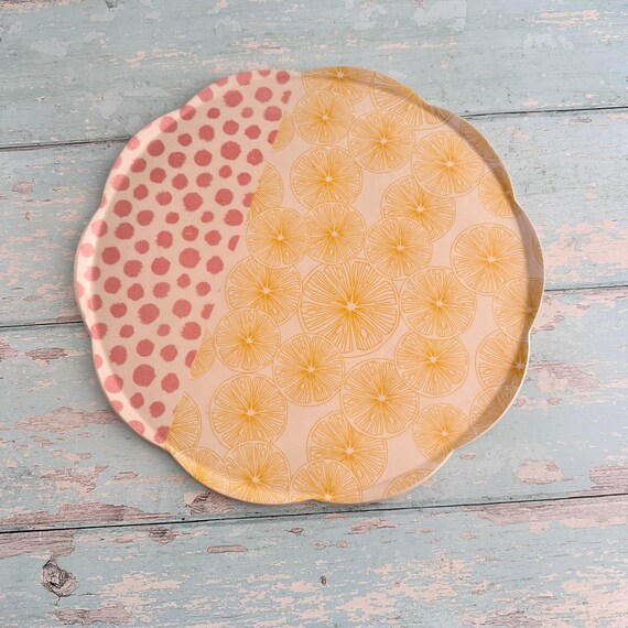 Pink Polka Dot and Yellow Lemon Platter, Large Handmade Round Ceramic Cake Plate