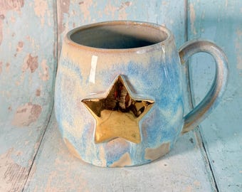 Blue Gold Star Mug, Handmade Ceramic Mug