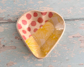 Small Pink and Yellow Heart Ring Dish, Handmade Ceramic Pot