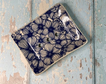 Ceramic Soap Dish, Blue Floral Flowers