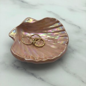 Pink Ceramic Sea Shell Jewelry Dish: Mother of Pearl Finish