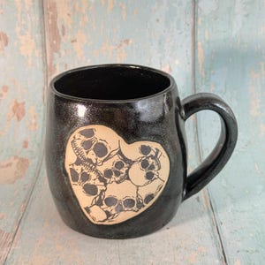 Black Skull Heart Mug, Handmade Ceramic Cup