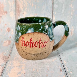 Green Christmas Hohoho Mug, Handmade Ceramic Cup - Father Christmas Santa