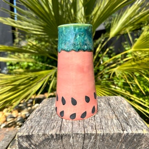 Ceramic Watermelon Vase, Handmade Modern Pottery, Pink and Green image 3