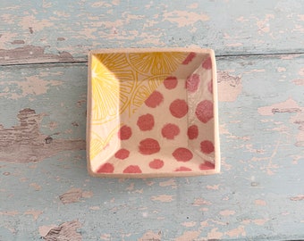 Small Pink and Yellow Square Ring Dish, Handmade Ceramic Pot