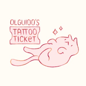 Op de afbeelding: Een roze cartoonkat met een kaartje waarop "OLGUI00'S TATTOO TICKET" staat.