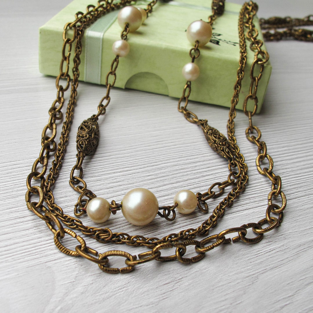 Triple Strand Pearl Necklace for Women Faux Pearl Beaded Etsy