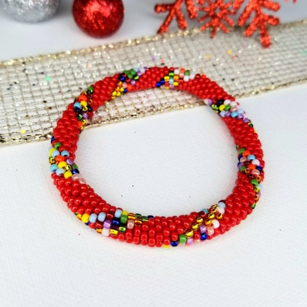 Colorful red beaded crochet bracelet, seed bead crochet bracelet rope, beaded bangle, beaded jewelry, christmas bracelet, rainbow bracelet