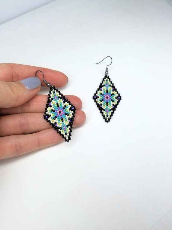 Blue crystal earrings Diamond shape earrings Seed bead earrings Rhombus earrings Geometric earrings Beaded dangle earrings Beadwork