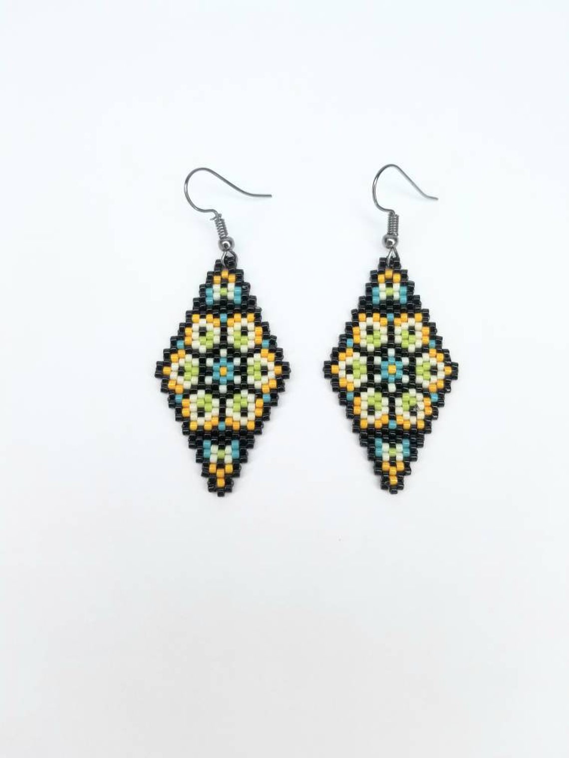 Rhombus Beaded Earrings, Diamond Shaped Beaded Earrings, Native ...
