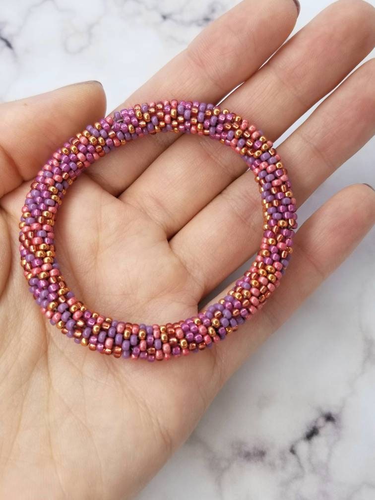 Rose beaded crochet bracelet seed bead crochet bangle bead | Etsy