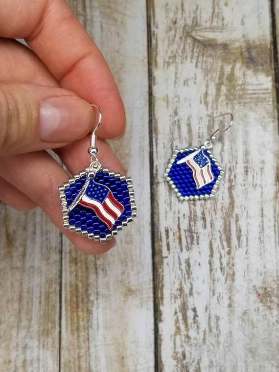 American flag beaded earrings, blue native earring