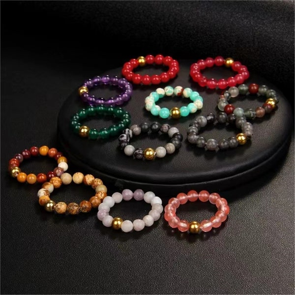 Personalized Natural Gemstone beads Rings,4mm beads rings design,stretchy Crystal beads Rings,Chakra,Gift Crystal Rings.Handmade Rings.