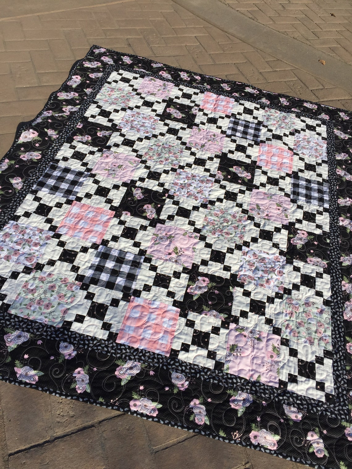 Patchwork Throw Quilt Pink and Black Quilt Irish Chain Etsy