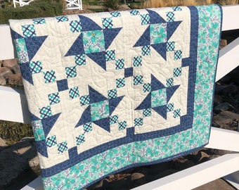 Handmade Patchwork Lap Quilt in Dark Blue, Aqua and Cream | Flowers for Freya Quilt