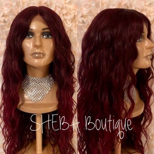 Burgundy Lace Front Wig, 100% Premium Synthetic Fiber, Heat Safe, Alopecia, Chemo, Cosplay, Red Wig, Dark Roots, Wavy Lace Front Wig