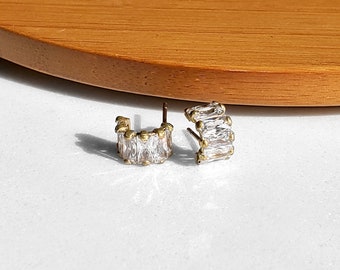 Baguette Cubic Zirconia Huggie Hoop Earrings: Brass Cartilage Earrings