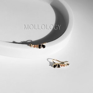 Gold Ear Climber, Ear Crawler, Black Earrings, Dainty Ear Climber, Cartilage Ear Climber, Rose Quartz Gemstone Stud, Black Onyx Stud Earring