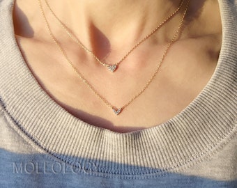 Dainty Heart Necklace: CZ Sterling Silver, Gold Layering