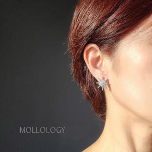 Close-up of a silver sunburst stud earring worn on the ear.