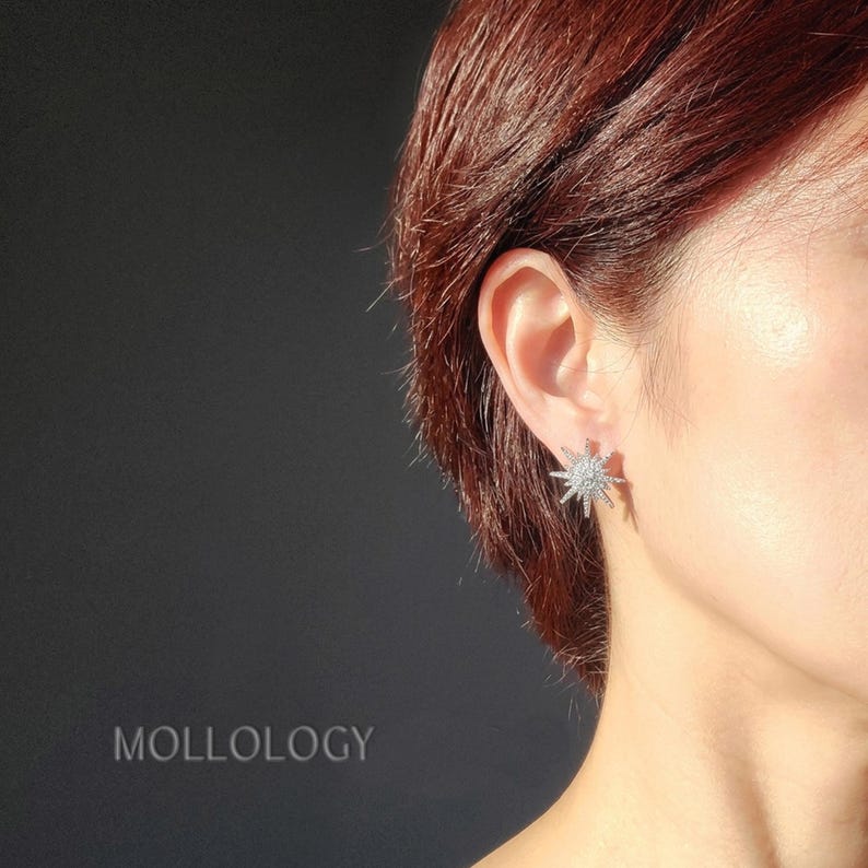 Close-up of a silver sunburst stud earring worn on the ear.