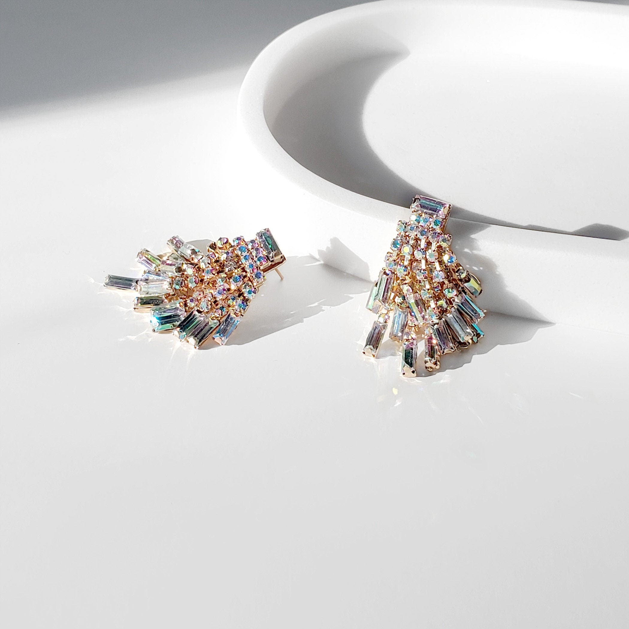 Baguette Earrings Crystal Bridal Bridesmaid Earrings Rhinestone Tassel Fringe Earrings Iridescent Earring Cascade Waterfall Earrings Etsy