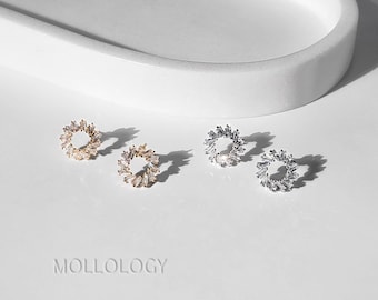 Starburst CZ Baguette Earrings, 14K Gold Filled Open Circle Earrings, Dainty Silver Studs, Minimalist Gifts for Her, Birthday Valentines Day