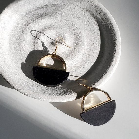 Black Wood Earrings Art Deco Earrings Half Circle Earrings Etsy