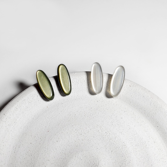 Dainty Lucite Acetate Earrings, Minimalist Studs, Green Olive Earrings, Oval Earrings, Long Bar Earrings, White Earrings