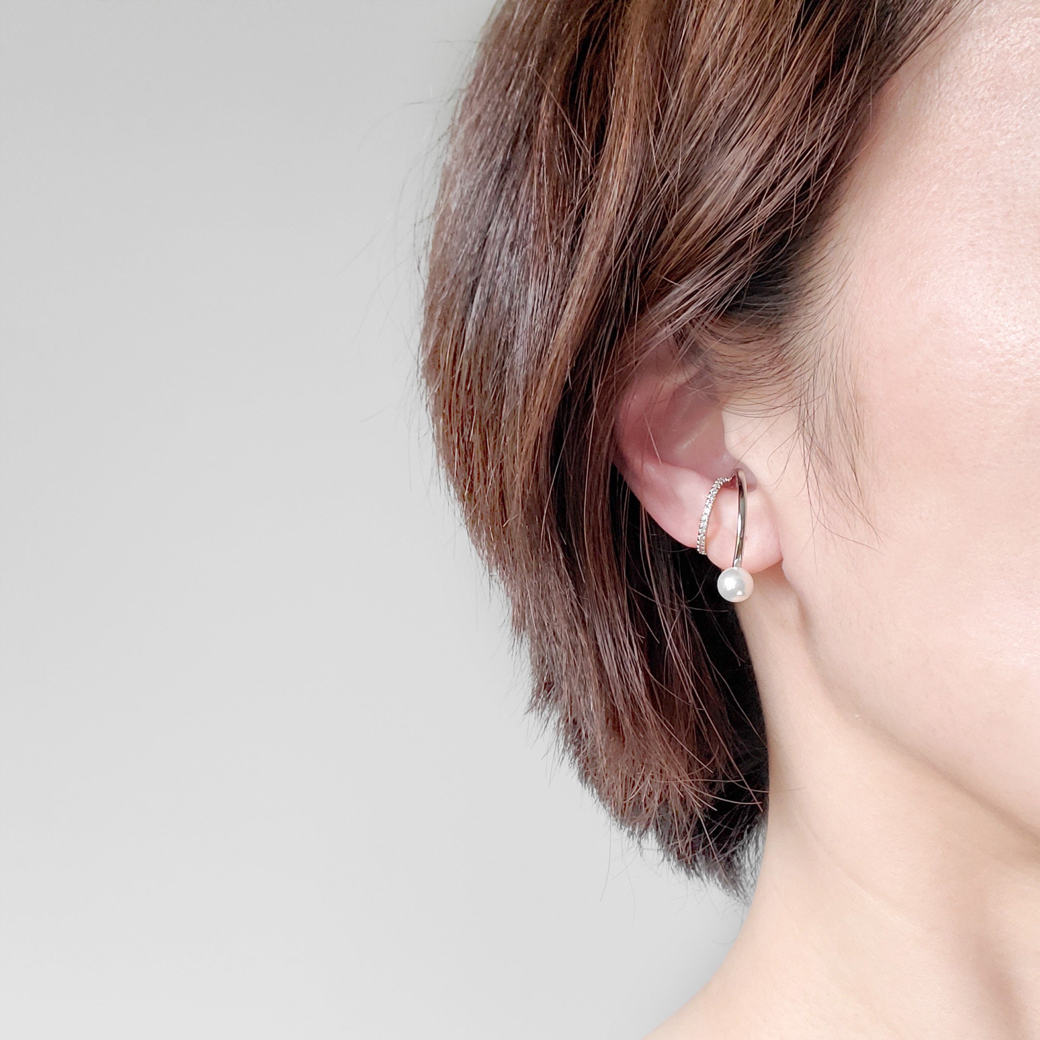 thumbnail image 2 of Dainty Pearl Ear Cuffs Wrap Earrings Sterling Silver 14K Gold Plated Cross Criss Cartilage Huggie Hoop Stud Earrings Non Piercing Minimalist Jewelry Cute Gifts For Women Girls BFF 2 of 10