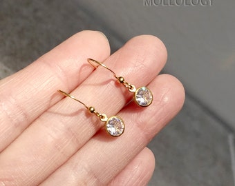 Gold Bezel Drop Earrings, Dainty CZ Charm Dangle, Minimalist Everyday Gold Earrings for Women, Dainty Minimalist Earrings, Gift for Her